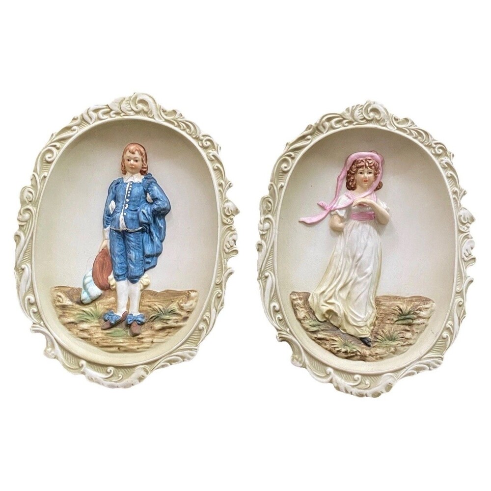 Lefton KW 3504 Blue Boy Pinkie Girl Vintage Oval Bisque Hanging Wall Plaques